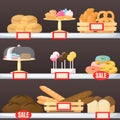 Set of flour product on supermarket shelves. Backery. Bread, baguette, cake, muffin, cakepops and bun. Cartoon vector