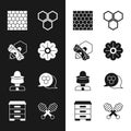 Set Flower, Bee and honeycomb, Honeycomb, Beekeeper with protect hat, dipper stick and Hive for bees icon. Vector Royalty Free Stock Photo