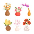 Set of flower bouquets. Bright summer blooming flowers in vases cartoon vector illustration Royalty Free Stock Photo