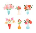 Set of flower bouquets. Tulip, peony bright summer blooming flowers in vases cartoon vector illustration Royalty Free Stock Photo