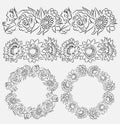 Set of flower brushes and frames. Contour drawing. Royalty Free Stock Photo