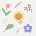 set of flower hand draw cute, Floral elements, leaf, tulip, sunflower, daisy