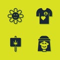 Set Flower, Hippie girl, Marijuana and Peace t-shirt print stamp icon. Vector