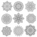 Set of 9 flower mandalas. Hand drawn design elements. Vector.