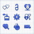 Set Flower, Perfume, Envelope with 8 March, Castle and key in heart shape, Heart cursor click, and Two Linked Hearts