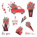 Set of flower romantic elements.  Valentine`s day, birthday or wedding concept. Love, Romantic vector illustration in flat cartoo Royalty Free Stock Photo