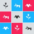 Set Flower rose, Wedding rings on hand and Amour with heart arrow icon. Vector Royalty Free Stock Photo