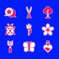 Set Flower tulip, Butterfly, Bottle with love potion, Garden rake, Ladybug, Forest and icon. Vector