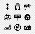 Set Flower in vase, Hippie girl, Megaphone, Sneakers, No war, Photo camera, camper van and Peace icon. Vector