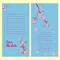 Set of flowering hand drown cherry blossom card. Vintage background