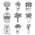 Set of flowers bouquet icons. Contains icons - chamomile, rose flower, calla, tulip, peony and others