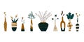 A set of flowers in ceramic vases, pots, Scandinavian flat style. Field, tropical, potted plants. Set on white