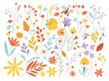 Set of flowers and leaves in a flat style isolated on white background. Hand Drawn vintage floral elements. Floral Royalty Free Stock Photo