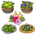 Set of flowers in pots, flower beds and candles