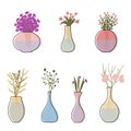 A set of flowers in a transparent vase with water. Vector illustration. Isolated elements on a white background. Doodle Royalty Free Stock Photo