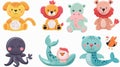 A set of fluffy animals, cute toys for children. Modern cartoon set with a rooster, a whale, an octopus, and a dog on a
