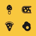Set Fly agaric mushroom, Scrambled egg, Slice of pizza and Cheese icon with long shadow. Vector Royalty Free Stock Photo