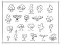 Set of fly agaric mushrooms. Black and white outline cartoon illustration, vector isolated on white