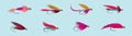 Set of fly fishing flies cartoon icon design template with various models. vector illustration isolated on blue background