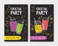 Set of flyer or cocktail party invitation templates with tasty soft drinks or refreshing tropical fruit beverages in Royalty Free Stock Photo