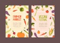 Set of flyer or invitation templates for farmer market and vegan food festival with frames made of fresh ripe vegetables