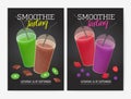 Set of flyer or poster templates for smoothie tasting party with delicious fresh fruit, berry and chocolate drinks in