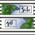 Set of flyer for summer sale and gift voucher Decorated with trendy exotic palm leaves. Hand drawn art.