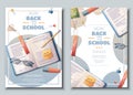 Set of flyer template with textbook with stationery. School time, back to school, education. Flyer, poster, banner size Royalty Free Stock Photo