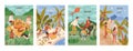 Set of flyers with people performing outdoor leisure activities - friends at picnic, couple sunbathing at swimming pool Royalty Free Stock Photo