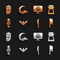 Set Flying bat, Bottle with potion, Meat chopper, Knife, Candy, Pumpkin, Owl and Moon stars icon. Vector