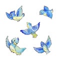 Set of flying blue birds, watercolor illustration