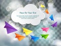 Set of flying color paper planes and white cloud text box in the Royalty Free Stock Photo