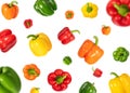 Set with flying colorful sweet peppers isolated on a white background. Falling bell pepper. Vegetable pattern Royalty Free Stock Photo