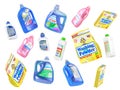 Set of flying detergent bottles