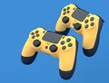 Set of flying gamer joysticks or gamepads on blue background