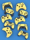 Set of flying gamer joysticks or gamepads on blue background