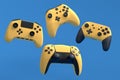 Set of flying gamer joysticks or gamepads on blue background