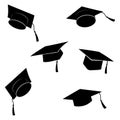 Set of flying graduation caps. Collection of students toss caps. Black white vector illustration. Royalty Free Stock Photo