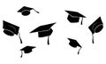Set of flying graduation caps. Collection of students toss caps. Black white vector illustration.