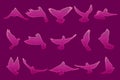 Set of flying pink doves on dark pink background