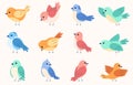 Set of flying and sitting cute birds. Colorful beautiful birds. Cute flying creatures. Vector illustration Royalty Free Stock Photo