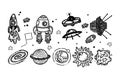 Set of flying transport, satellite, planets, comets and stars. Hand-drawn doodle-style elements. Black hole. Rocket Royalty Free Stock Photo