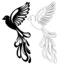 Set of flying vector stylized birds isolated from background. Contour and black silhouette doves. A monochrome collection Royalty Free Stock Photo