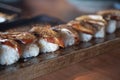 Foie gras sushi in a Japanese restaurant Royalty Free Stock Photo