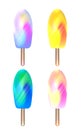 Set of foil ice on stick. Ice cream with a blurry multicolored background.
