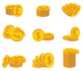 Set of folded gold coins. Currency. Vector illustration.
