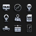 Set Folded map with location, Cable car, City navigation, Taxi driver license, Car, Location taxi, and icon. Vector