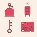 Set Folded map with location, Camping gas stove, Suitcase and Meteorology thermometer icon. Vector