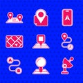 Set Folded map with location marker, Radar, Route, Gps device, City navigation and icon. Vector Royalty Free Stock Photo