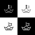 Set Folded paper boat icon isolated on black and white background. Origami paper ship. Vector Royalty Free Stock Photo